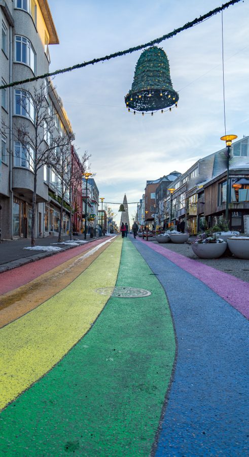 The Pride rainbow from Skólavörðustígur street, one of the busiest streets leading to Hallgrimfrikja church. Once painted for Reykjavik Pride week, it is now a permanent fixture on the street.