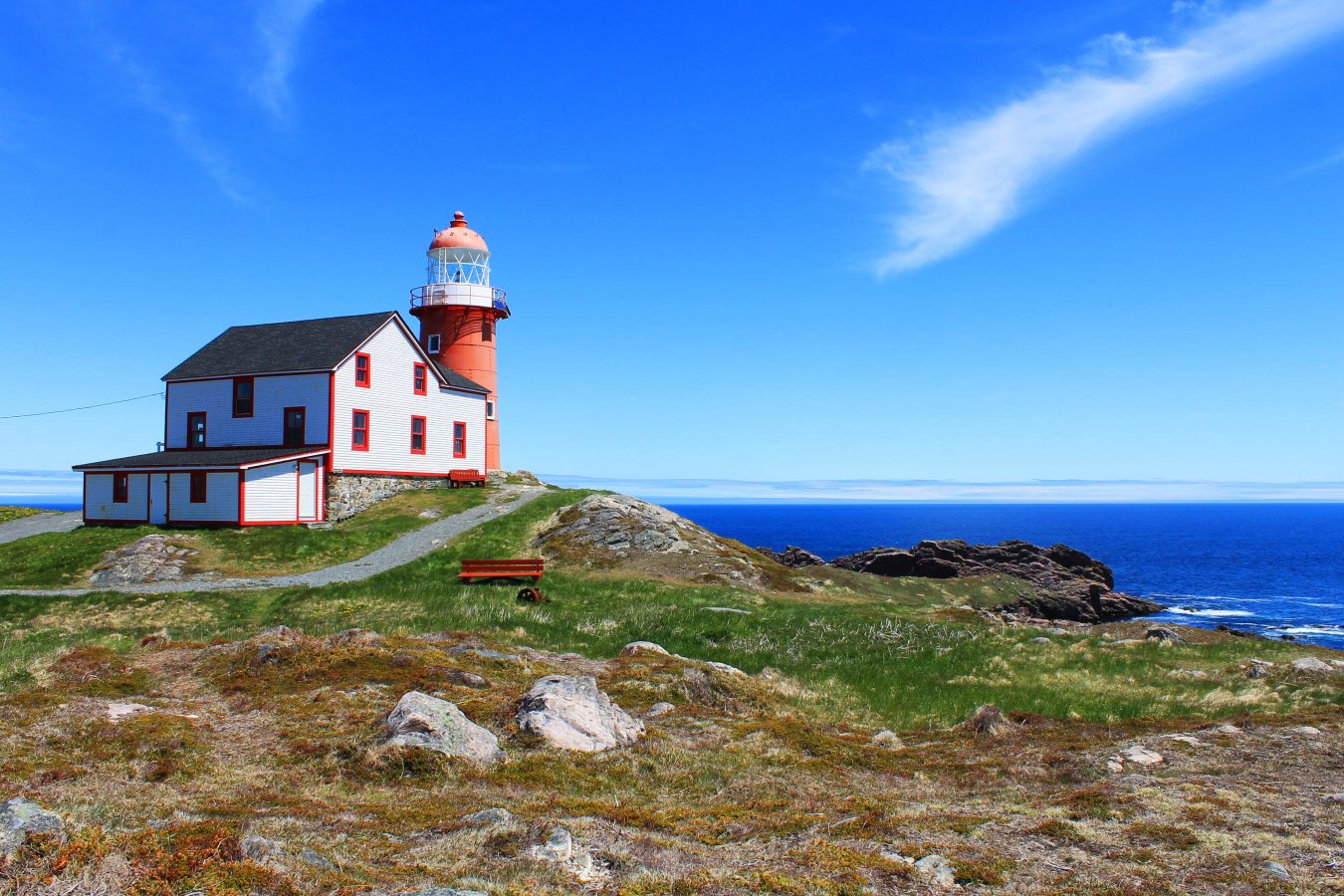 View of Ferryland Downs and the lighthouse, looking out toward the Atlantic Ocean, Ferryland, Newfoundland.