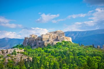 Beautiful view of ancient Acropolis, Athens, Greece on a sunny, summer day.