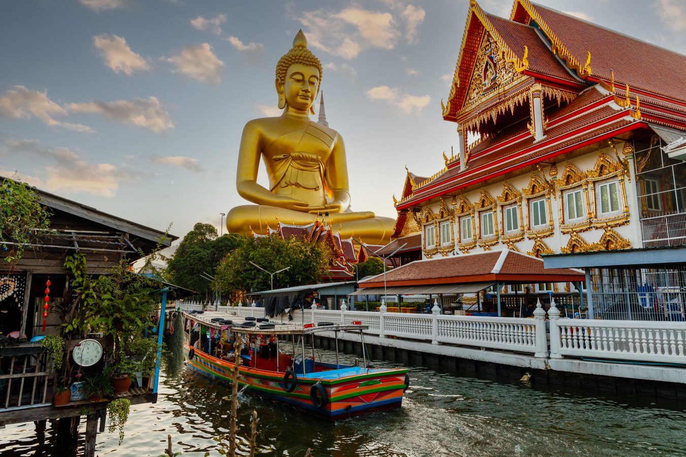 Big Buddha of Paknam Temple in Bangkok, Thailand. Thailand is one the best places to visit in Asia for travelers on a budget.